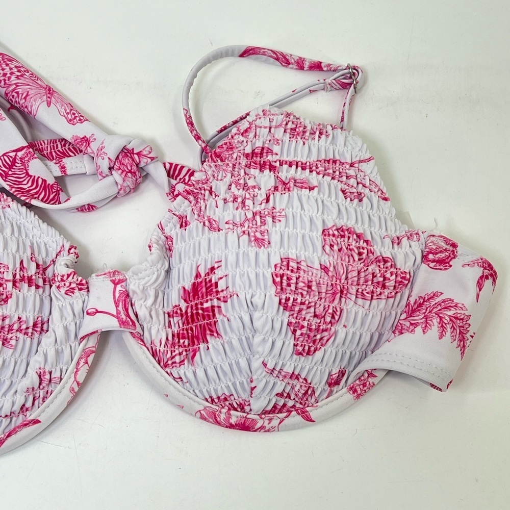 Pink and White Butterfly Print Smocked Two Piece Bikini Underwire Top L Large - Picture 3 of 8